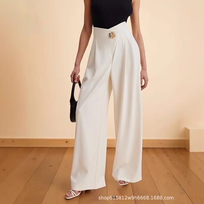High Waist Wrap Front Gold Ornate Button Wide Leg Trousers