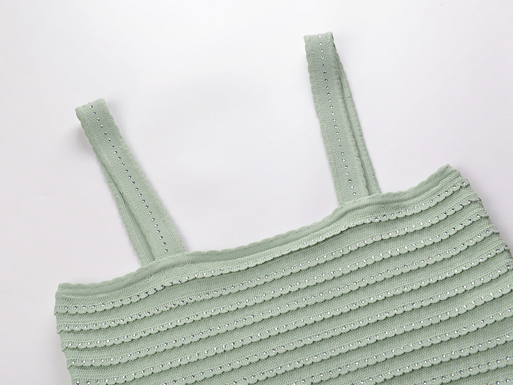 Rhinestone Trim Knit Crop Top in Almond Green