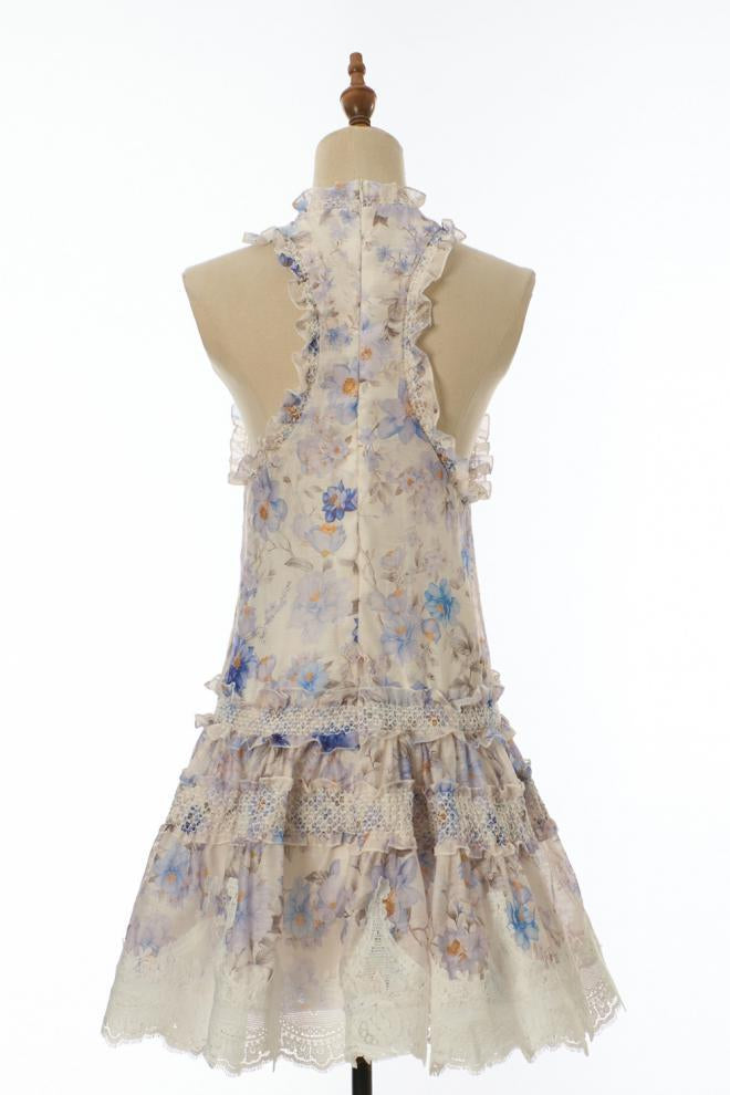 White Chiffon A-Line Tiered Drop-Waist Dress