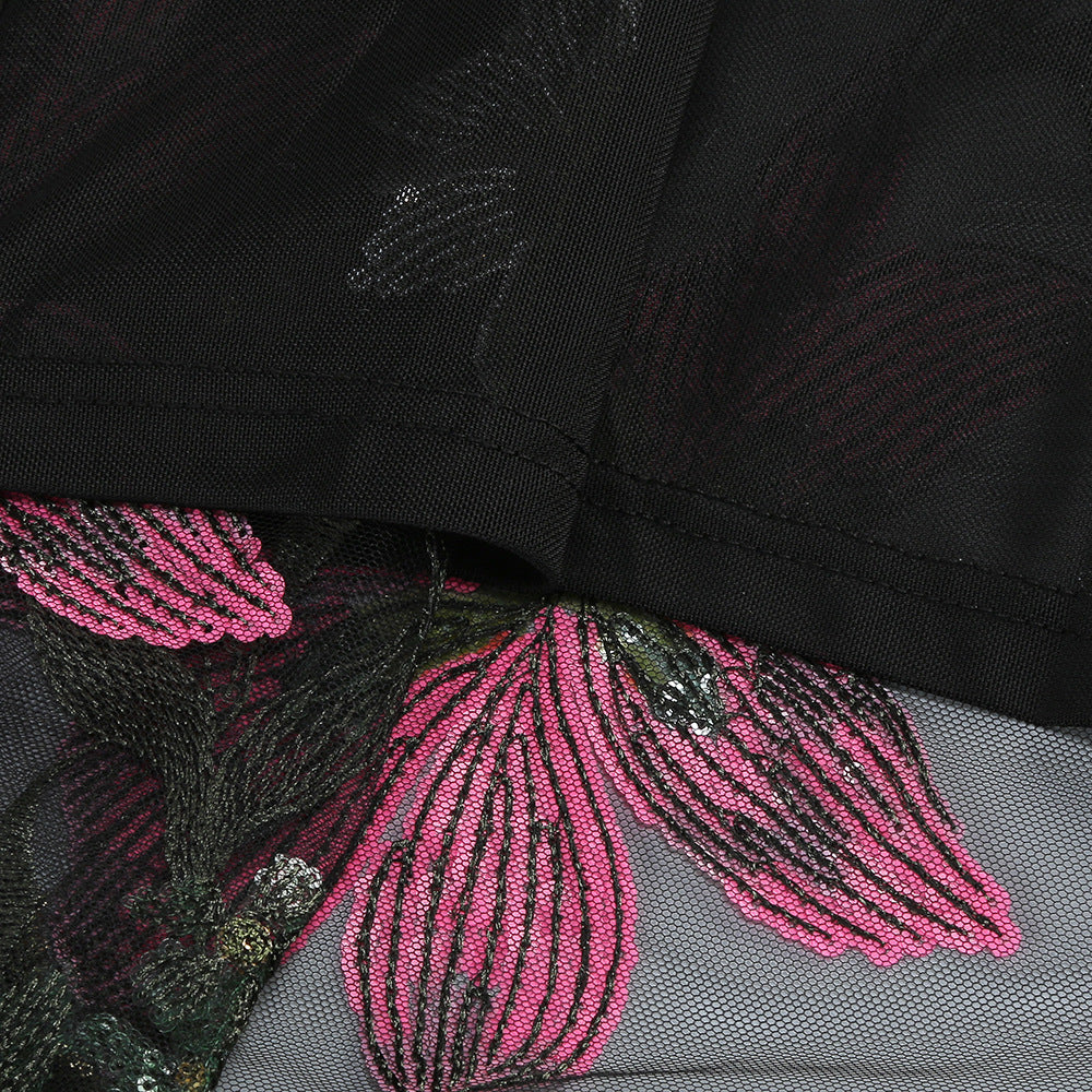 Black Floral Embroidered Mesh Column Dress