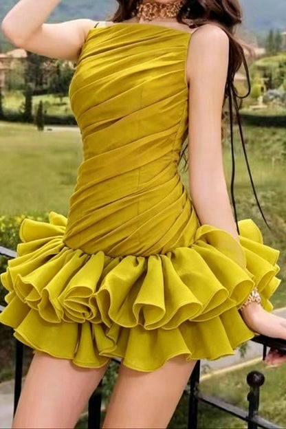 Mustard Yellow Thin Strap Diagonal Ruched Ruffle Hem Mini Dress