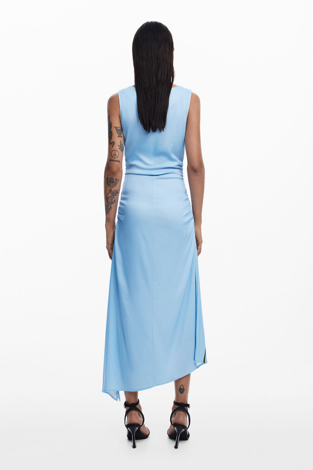 floral print with a ruched waist sleeveless midi dress