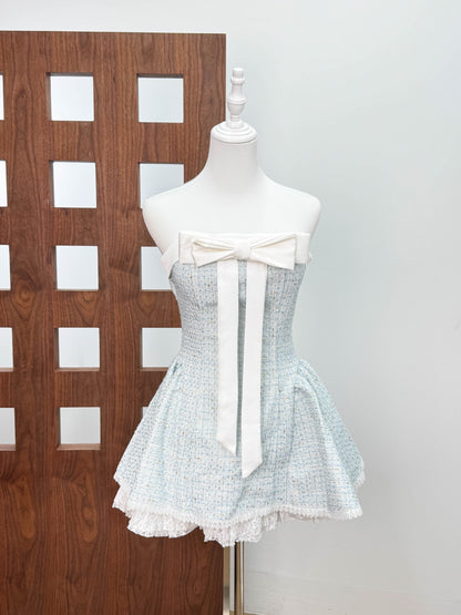 Bow woven lace tube top mini dress in pink