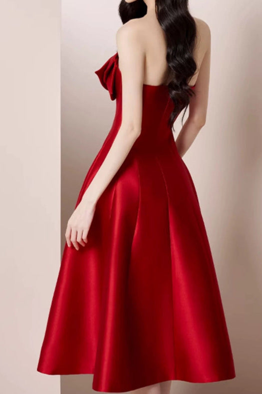 mignon 3d flower satin strapless midi dress in red