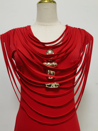 red stretch jersey or crepe fitted column dress