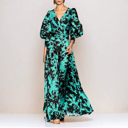 Green Satin Floral Lantern Sleeve V-neck Dress