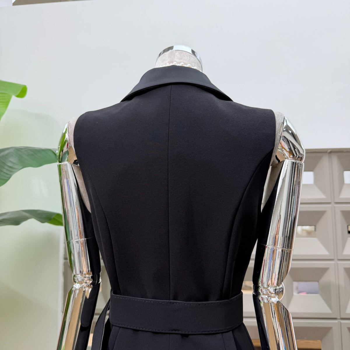 Black Matte Suiting Crepe Tailored Bodice with Flared Ruffled Hem Blazer Dress