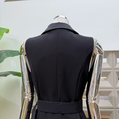 Black Matte Suiting Crepe Tailored Bodice with Flared Ruffled Hem Blazer Dress