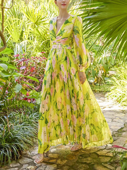 yellow floral long sleeves pleated patterned dress