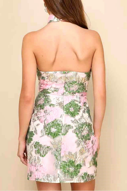 Jacquard Pink Green Floral Open Back Mini Dress