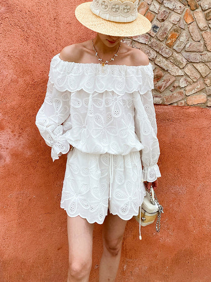 shoulder tops long sleeves embroidered openwork shorts