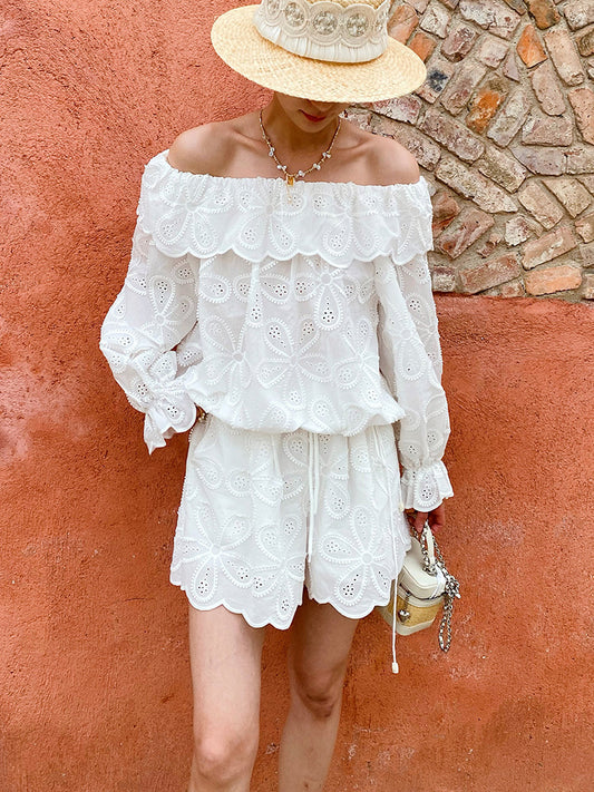shoulder tops long sleeves embroidered openwork shorts