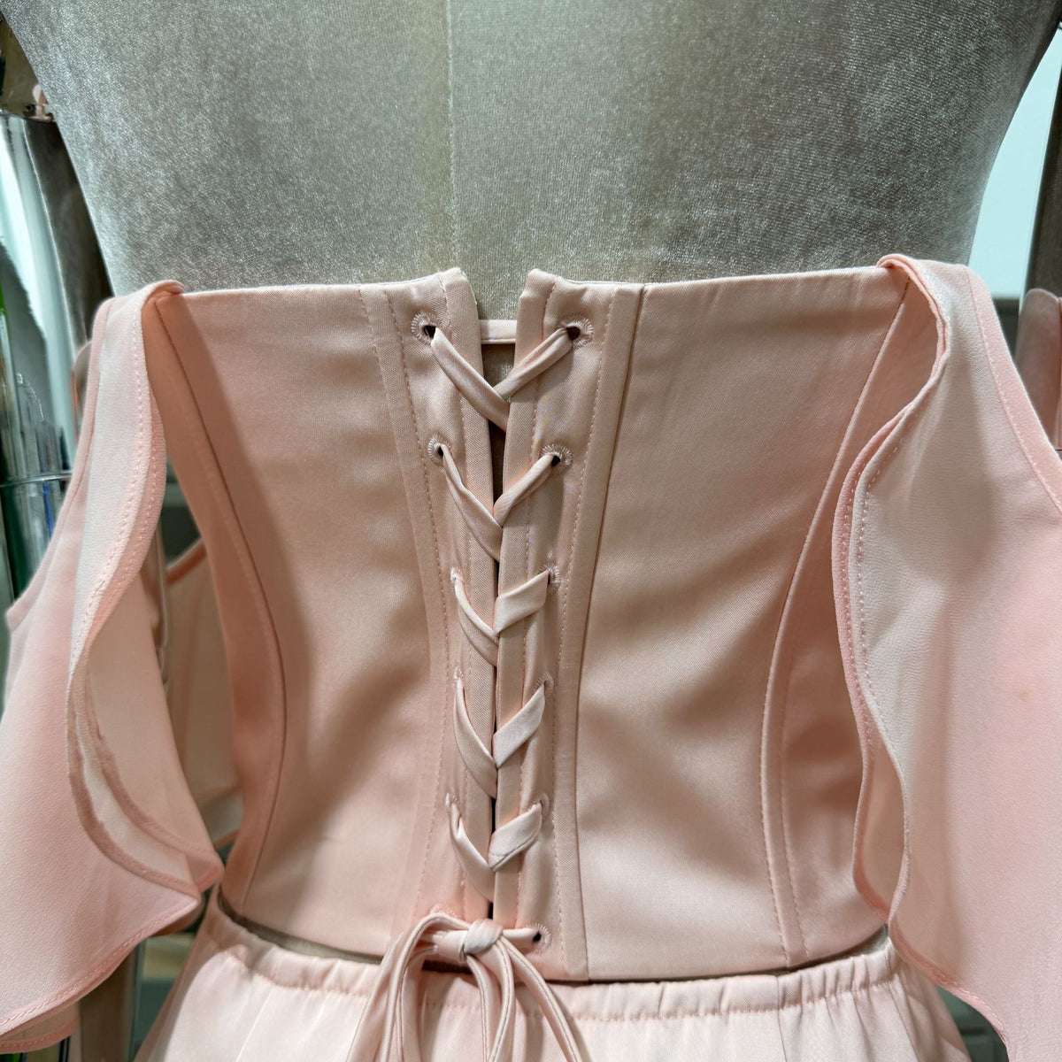 Pale Pink Satin Off‑Shoulder Two Piece Corset Mini Skirt Set