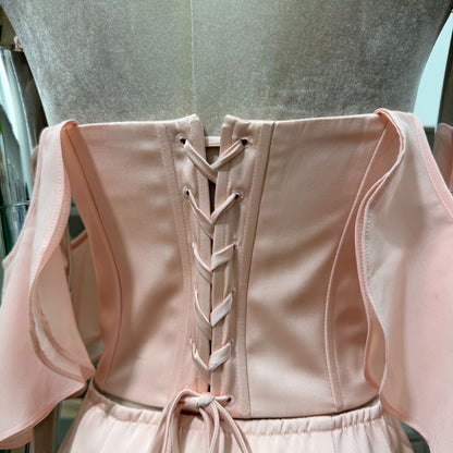 Pale Pink Satin Off‑Shoulder Two Piece Corset Mini Skirt Set