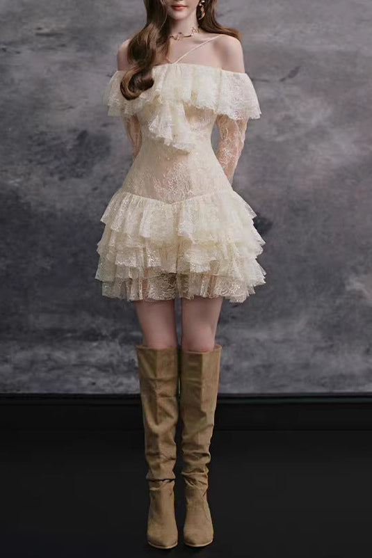 Elisha Off Shoulder Lace Ruffle Mini Dress