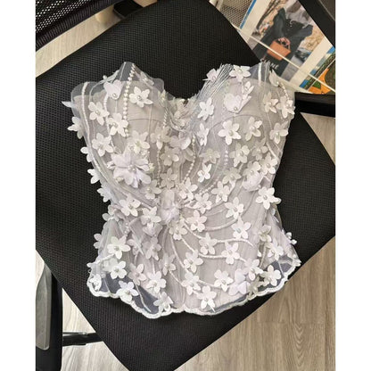Light Grey Mesh Structured Corset Top with Floral Appliqué