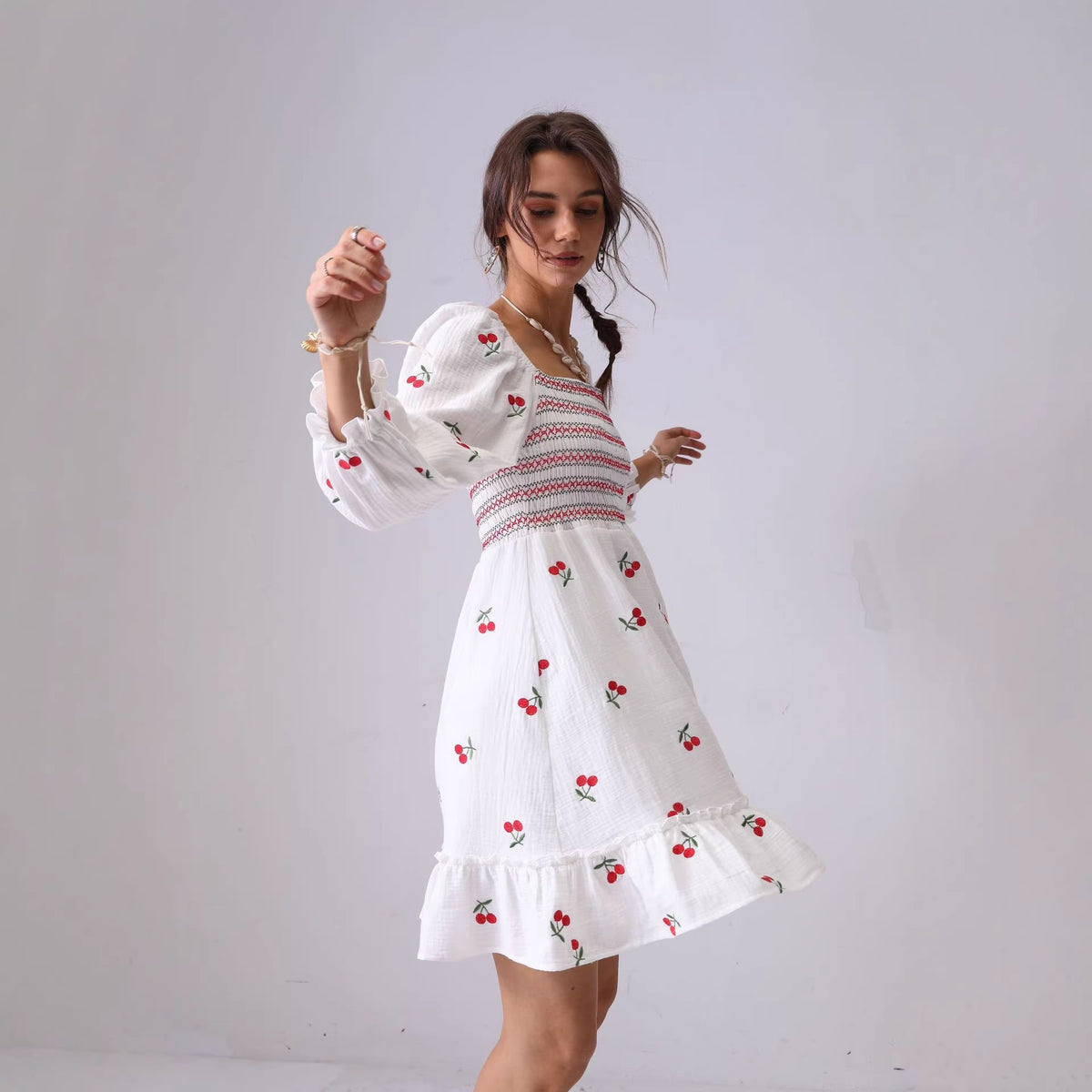 long-sleeved cotton double-layer gauze printed open back lotus skirts