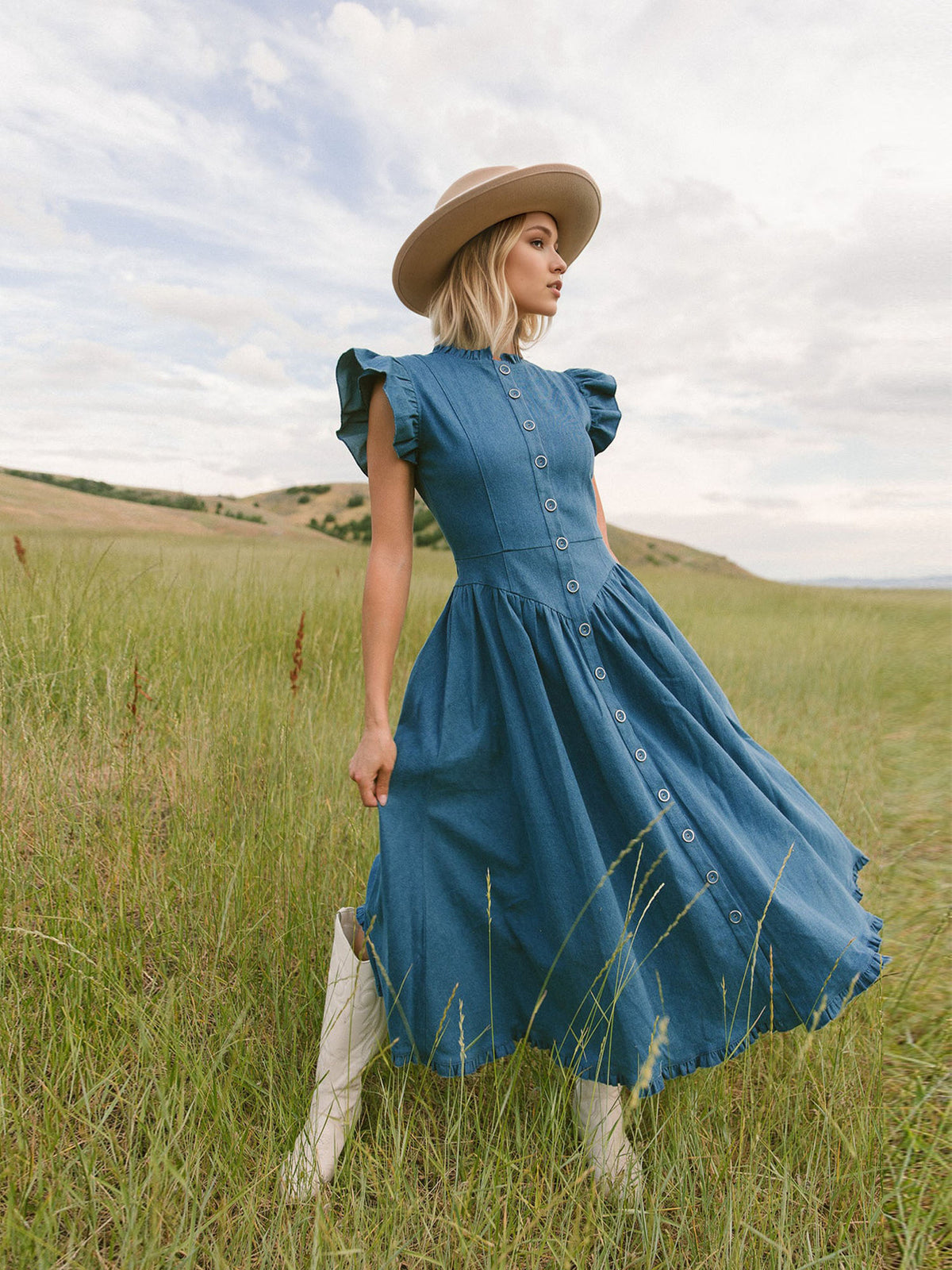 Blue Denim Ruffle Cap Sleeve Button Front Flared Midi Dress
