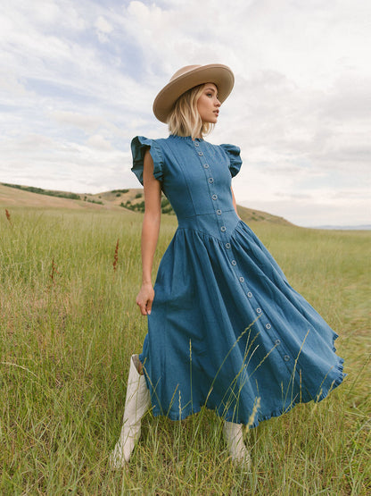 Blue Denim Ruffle Cap Sleeve Button Front Flared Midi Dress