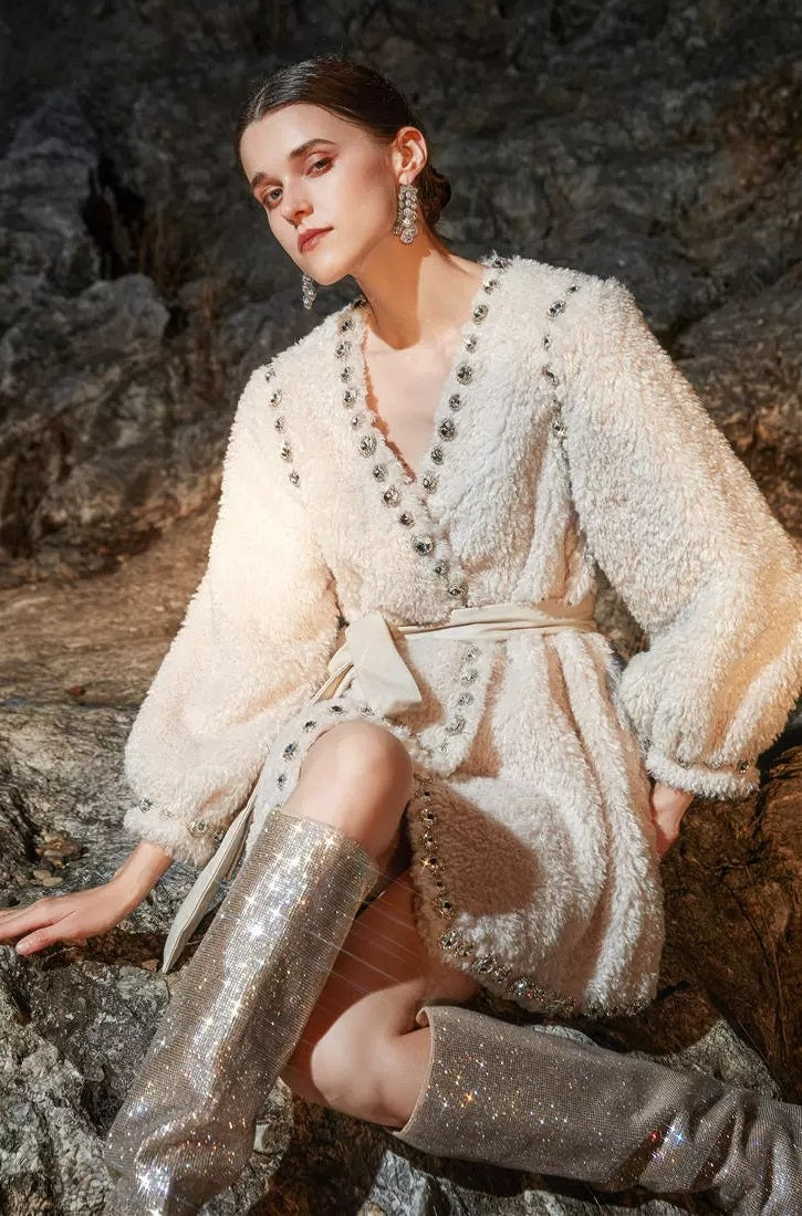 Beige V-Neck Long Sleeve Diamond Stud Coat