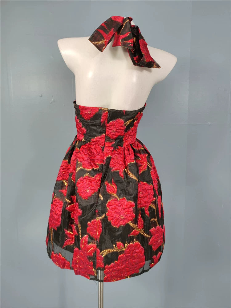 Jacquard halter backless A-line mini dress