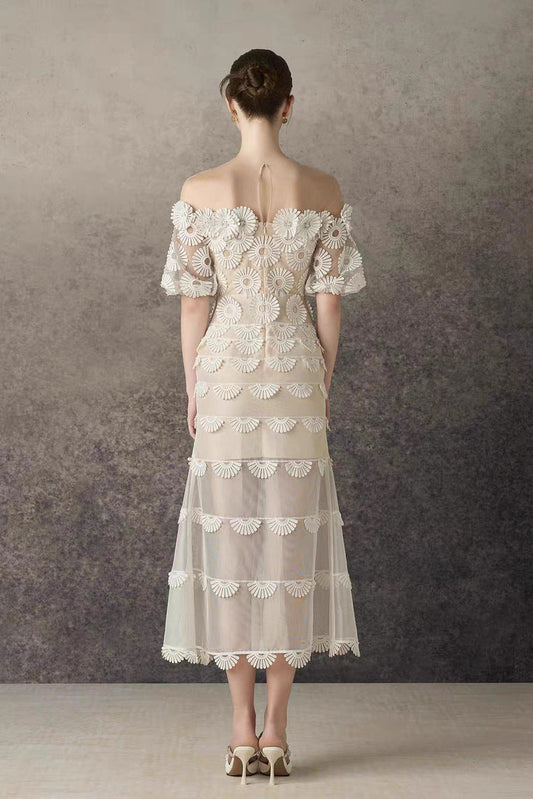 Off-the-Shoulder Daisy Lace Tiered Midi Dress