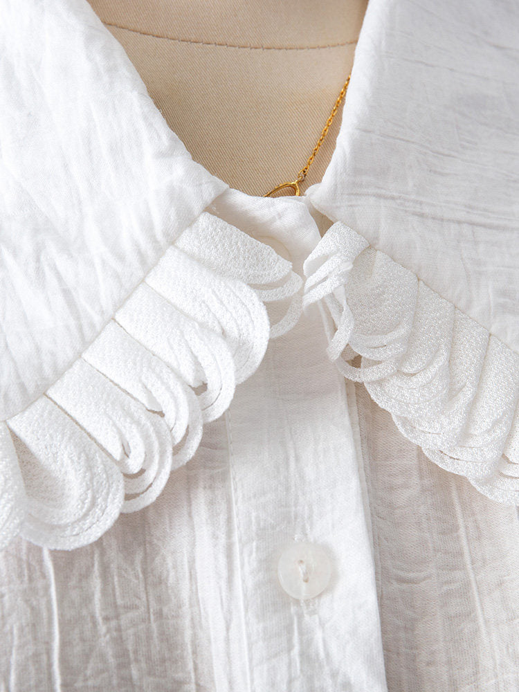 Ruffled Peter Pan Collar Puff Long Sleeve Crinkled Blouse