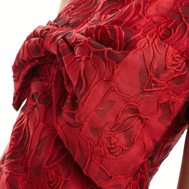 burgundy bow jacquard mini dress