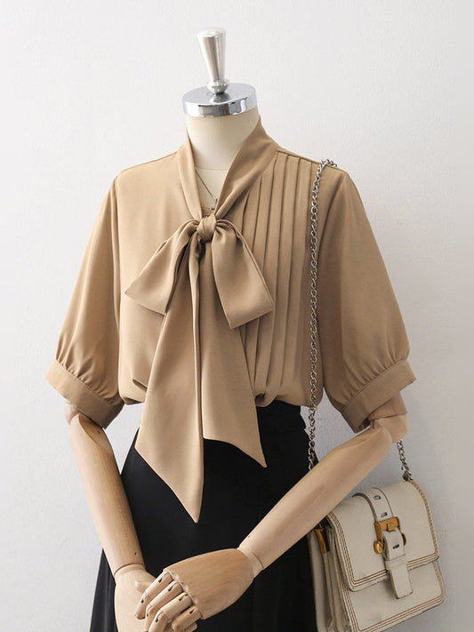 Big Bow Tie Neck Pleated Puff Short Sleeve Satin Blouse