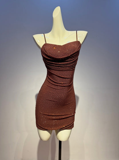 brown stretch knit with glitter overlay bodycon dress
