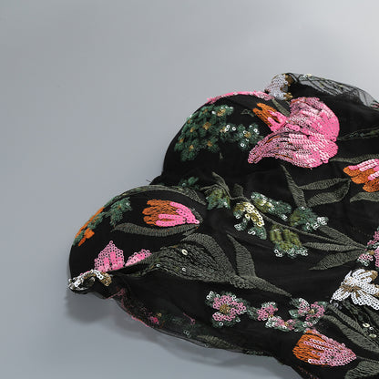 Black Floral Embroidered Mesh Column Dress