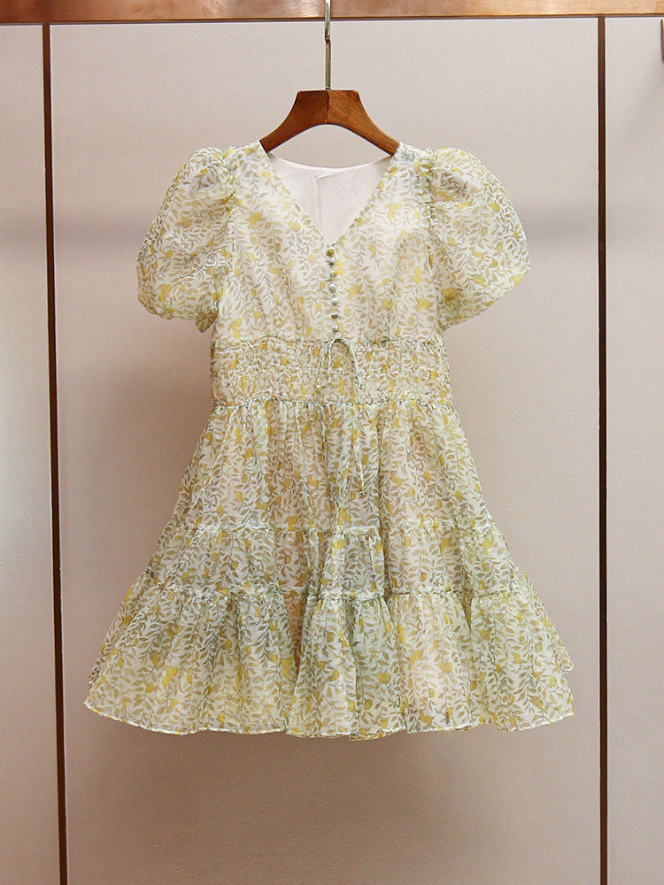 Printed V-neck tutu mini dress in Daisy Yellow