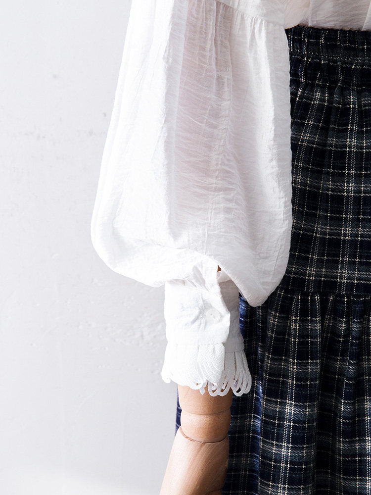 Ruffled Peter Pan Collar Puff Long Sleeve Crinkled Blouse