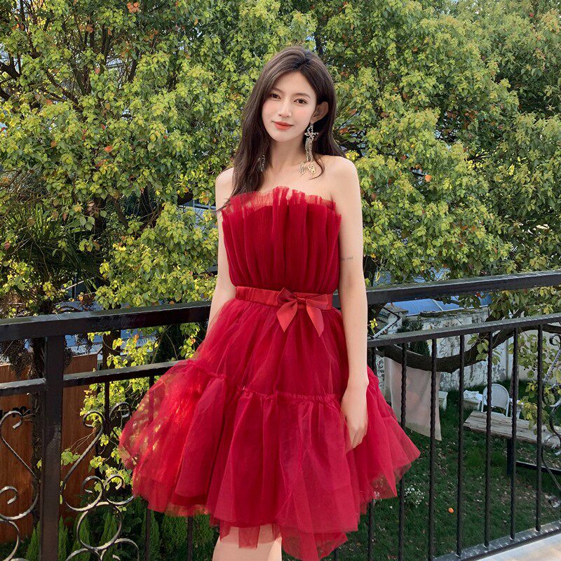 Frederica Bow-Accent Waist-Cinched Strapless Dress - Pink