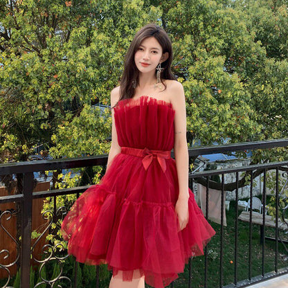 Frederica Bow-Accent Waist-Cinched Strapless Dress - Pink
