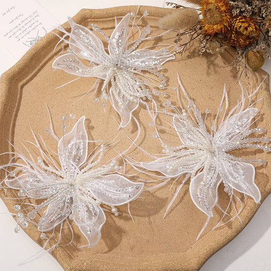 Picture-perfect pure white lace feathers, pearls, crystal flowers, DIY twisted silk flower headwear, claw clip clothing accessories