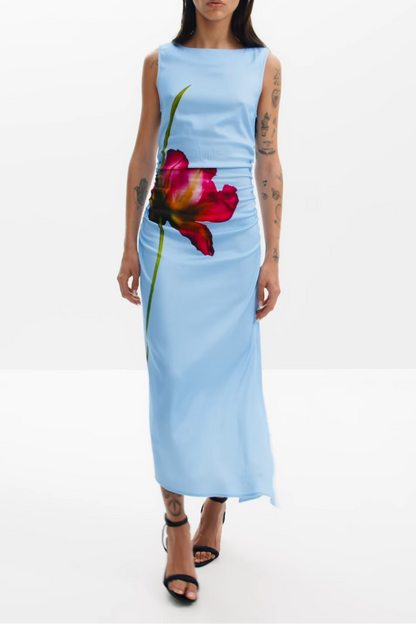 floral print with a ruched waist sleeveless midi dress