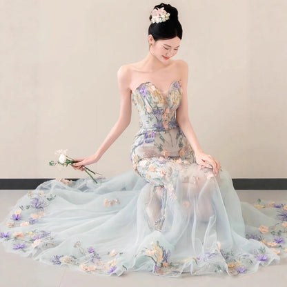Strapless Pastel 3D Floral Tulle Mermaid Gown With Train