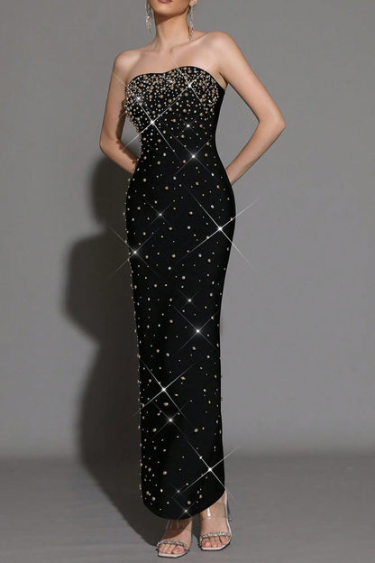 Pearl Rhinestone Beaded strapless black maxi dress
