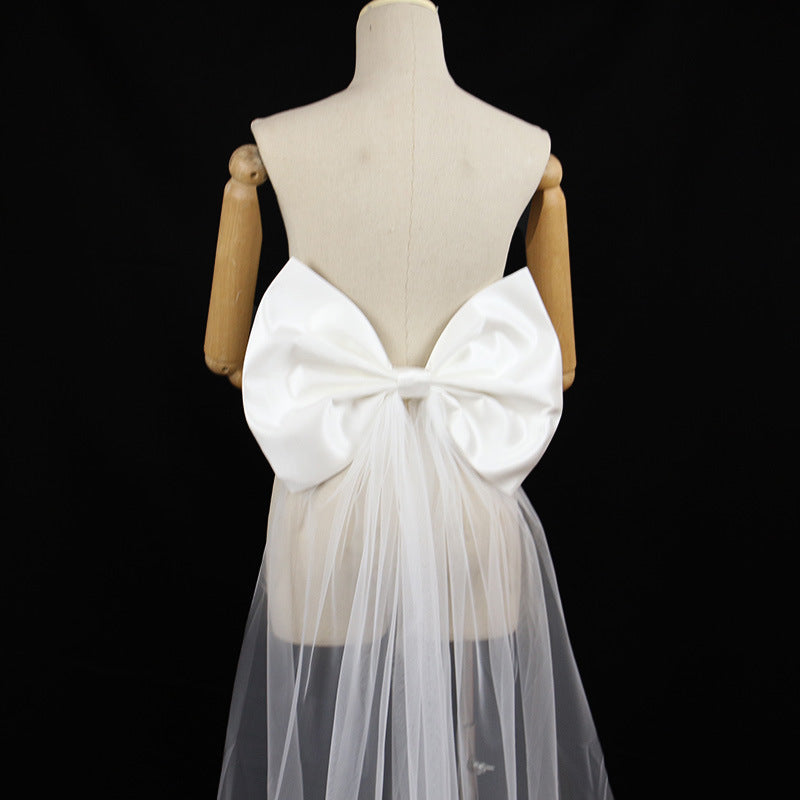 Oversized White Satin Giant Back Bow with Long Sheer Tulle Train Sash