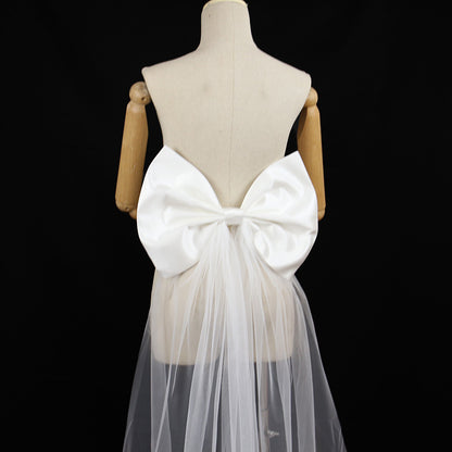 Oversized White Satin Giant Back Bow with Long Sheer Tulle Train Sash