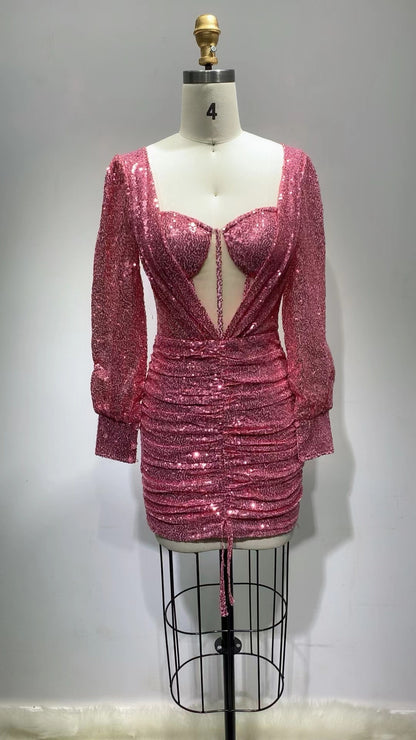 zenobia Ruched cut out Sequin Mini Dress in pink