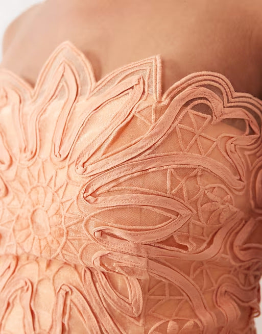 peach chiffon A-line with fitted drop-waist bodice gown