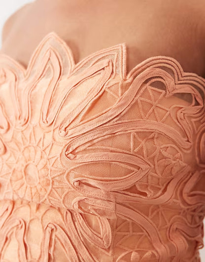 peach chiffon A-line with fitted drop-waist bodice gown