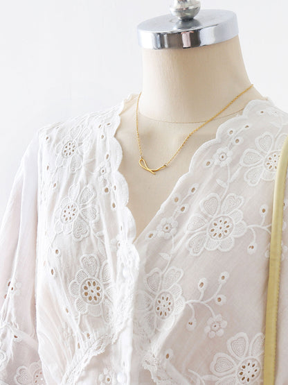 Scalloped V Neck Floral Embroidery Eyelet Puff Short Sleeve Blouse