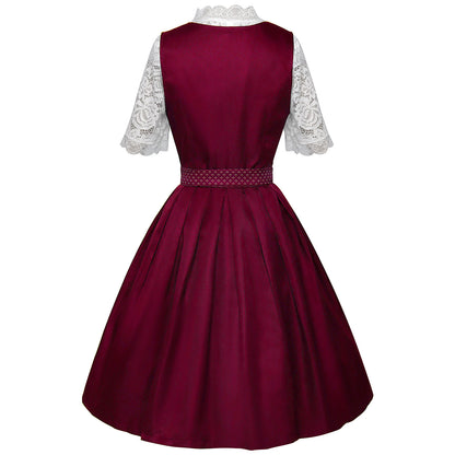 burgundy satin-finish polyester or taffeta fit-and-flare dirndl dress set