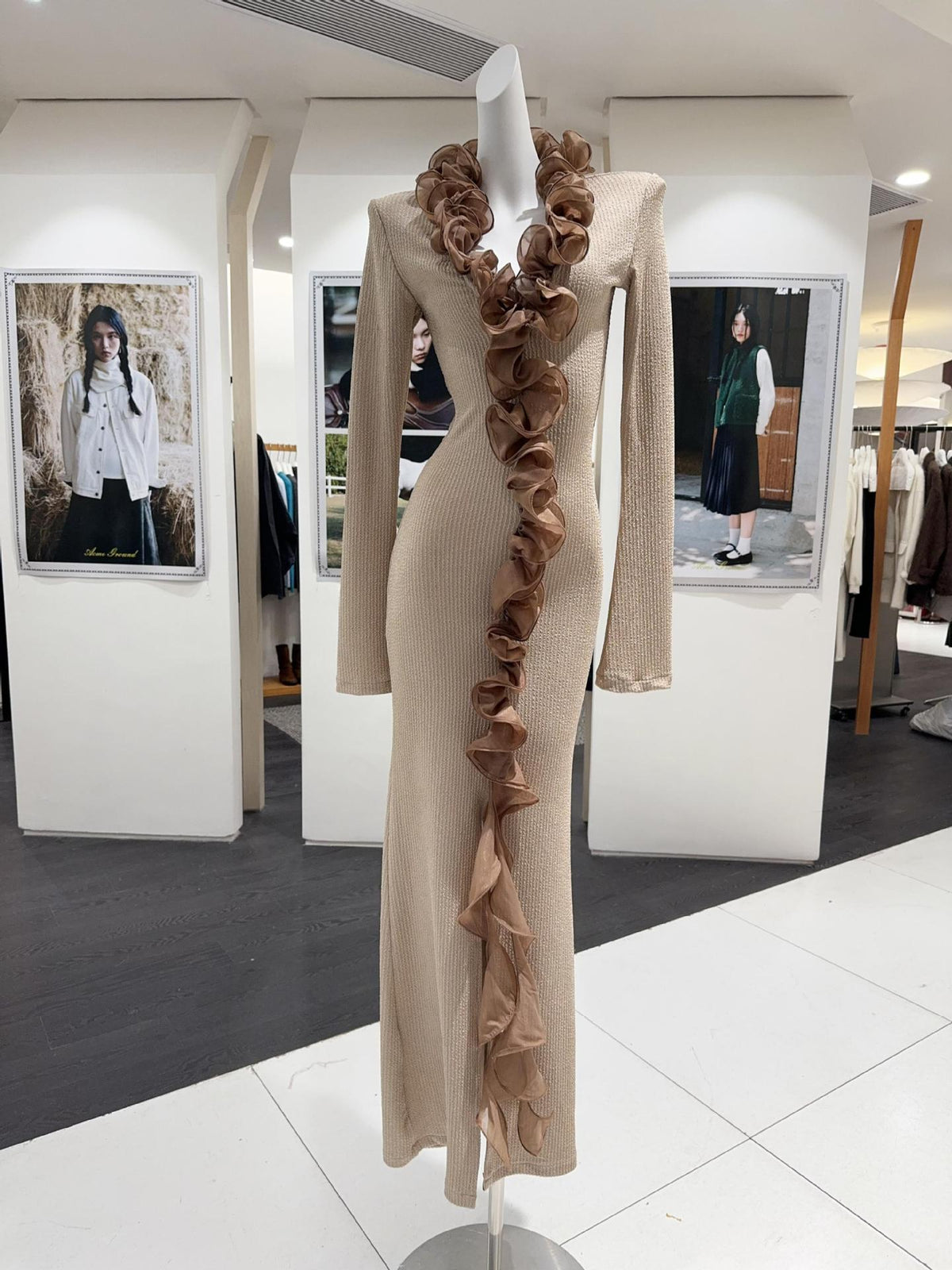 rachel Contour Long Sleeve Ruffle Knit Maxi Dress in pale brown