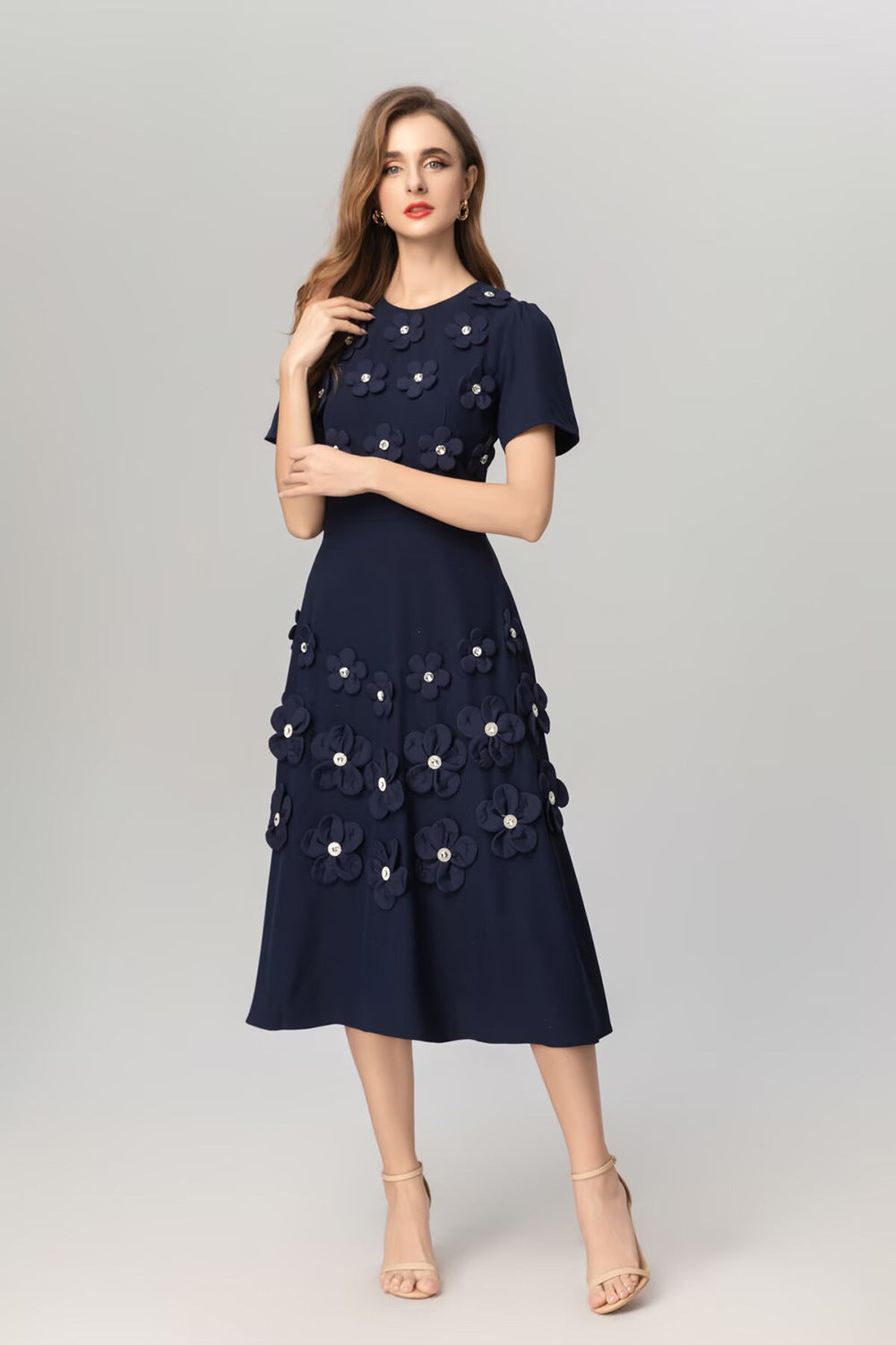 katherine 3d flower appliqué midi dress in navy blue
