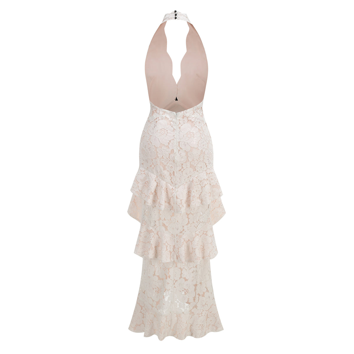 Pale Pink Floral Lace Tiered Halter Gown