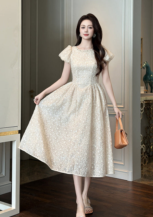 pearl neck Puff sleeve flared lace maxi dress - apricot